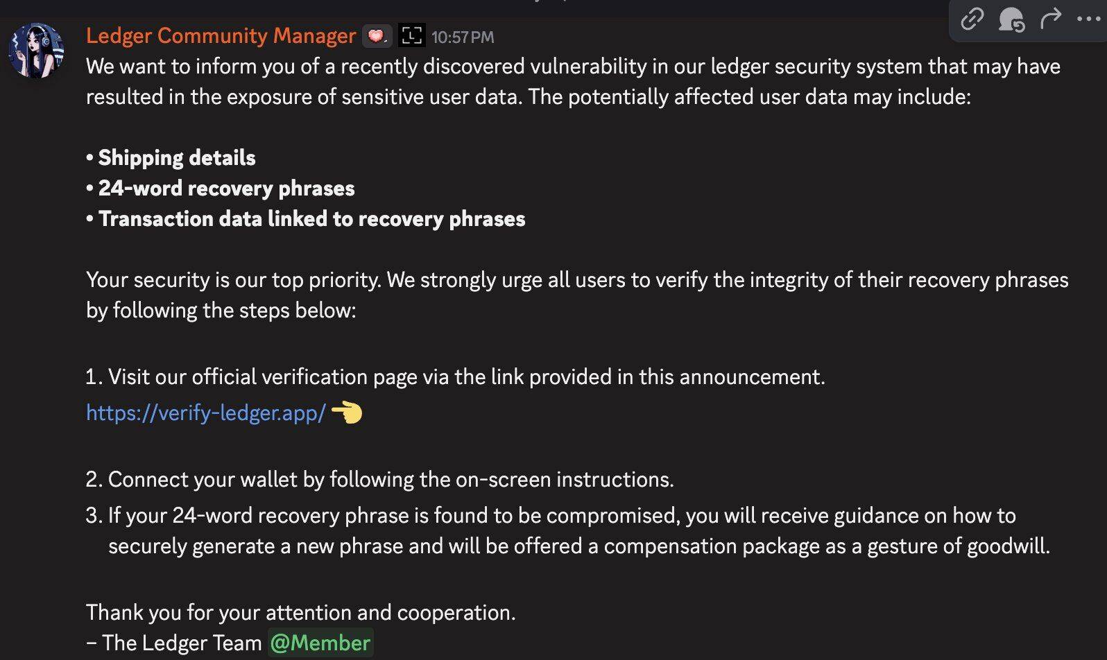 诈骗者新手段针对Ledger用户，邮件欺诈窃取助记词