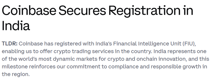Coinbase重返印度，数字货币领域的战略布局注册FIU计划启动